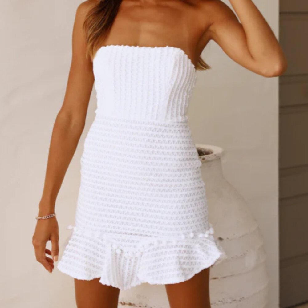 Chase that Feeling Dress White - Hello Molly Mini Dress, Crochet Detail, Pom Pom